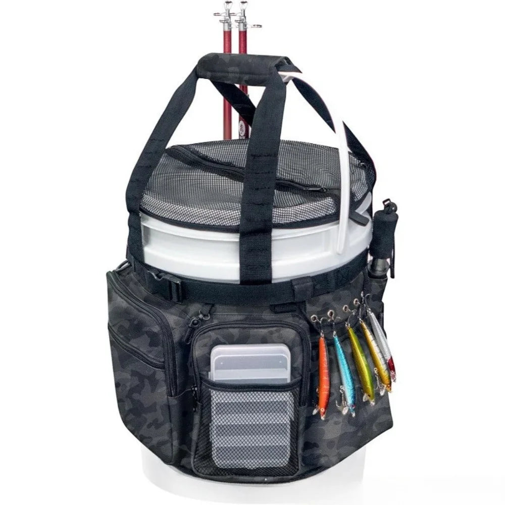 Spot Fishing Bucket Storage Bag Fishing Gear Bag with Fishing Rod and Pliers Bracket Multi-Pocket Bucket Fishing Bucket Vue