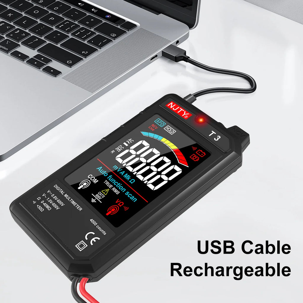 NJTY T3 MINI Smart Digital Multimeter Color Screen USB Rechargeable 4000 Counts Auto Ranging Voltage Resistance NCV Live Wire Vue