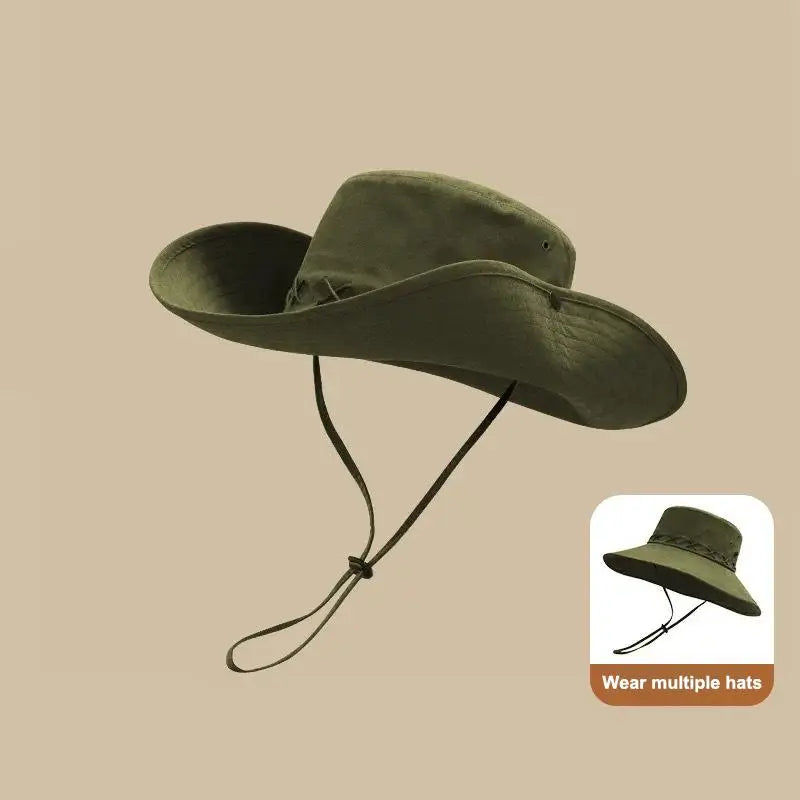 Breathable Western Cowboy Hat Solid Color Adjustable Wide Brim Sun Hat Outdoor Mountaineering Fisherman Sunshade Cap Travel 1PC Vue Green