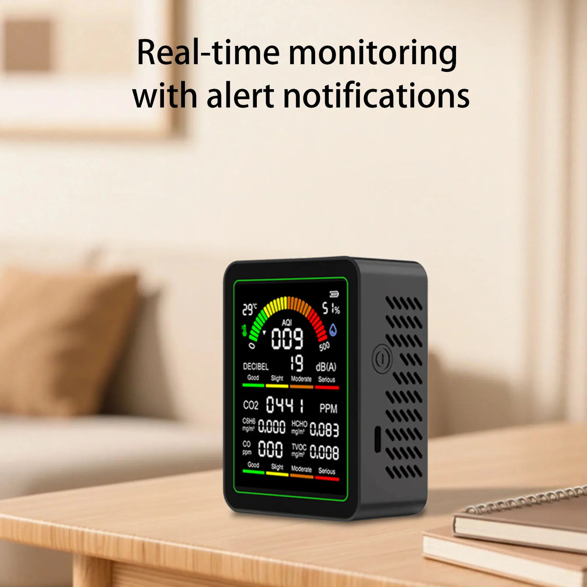 9-in-1 Air Quality Monitor – CO2, TVOC, HCHO, CO & Noise Air Quality Monitor Vue
