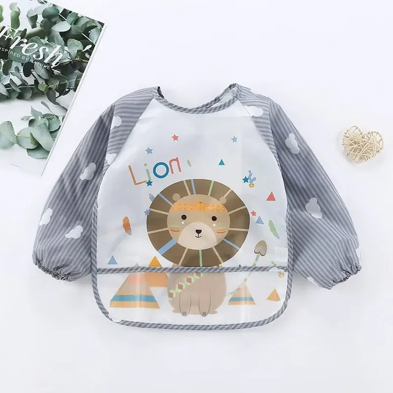 1Pcs Baby Cartoon Bib Burp Clothes Waterproof Eating Smock Infant ToddlerLong Sleeve Art Apron Animal Smock Soft Baby Vue B31 Lion 0-3Years old