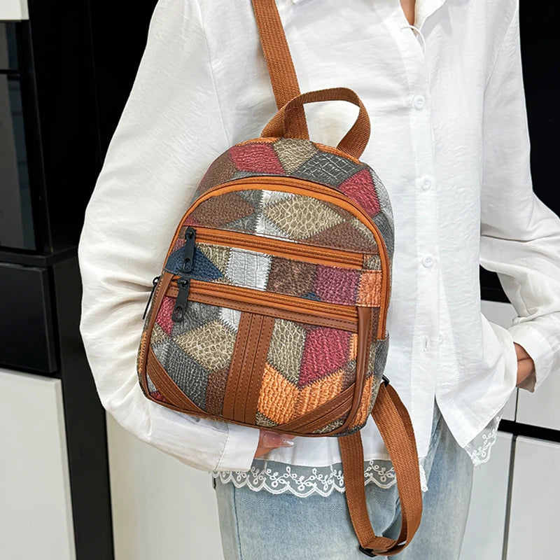 Vintage Women's Patchwork Backpack Multi-texture Design Daily Use