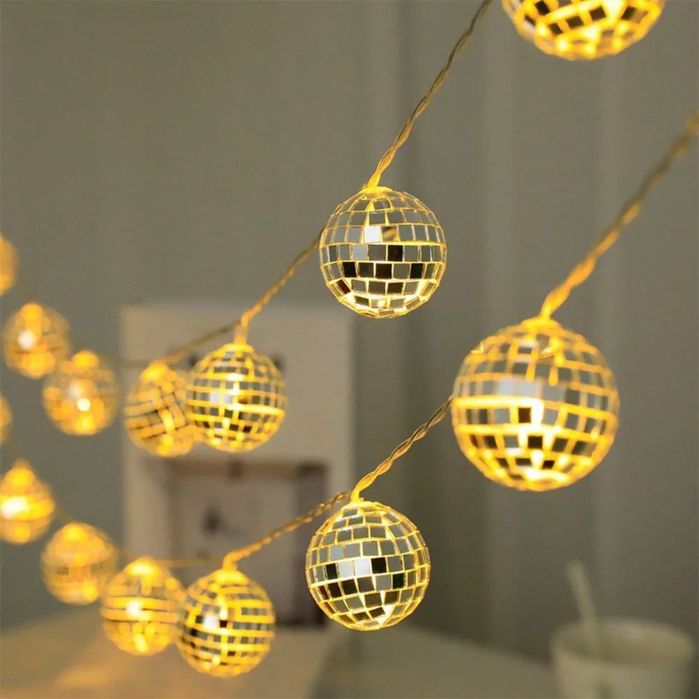 1PC 1.5M10LED Mirror Ball String Lights - Battery-Powered, for Bar Parties, Disco Holiday Ambiance Halloween Chrismas Decor Vue