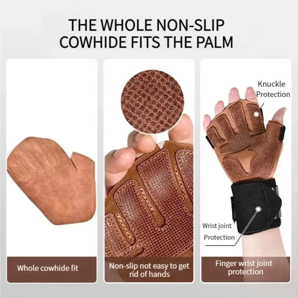 1 Pair Cowhide Weight Lifting Gloves Four-finger Non-Slip Ventilated Gym Wristband Deadlift Training Fitness Workout Gloves Vue