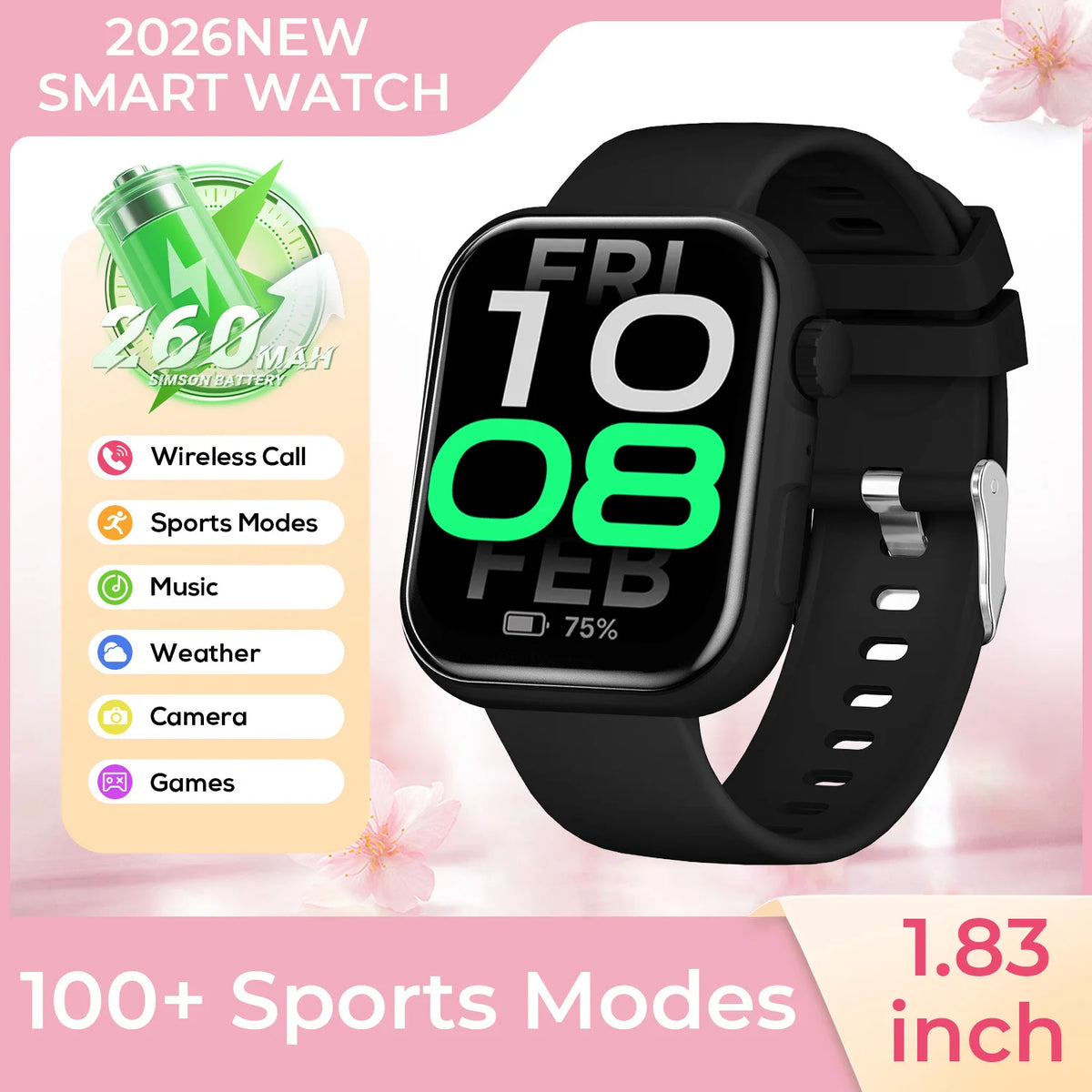 2026 New SmartWatch Bluetooth Call Music Sports Band Long Battery Fitness Tracker Silicone Strap Health Monitor for Adults fun Vue Black