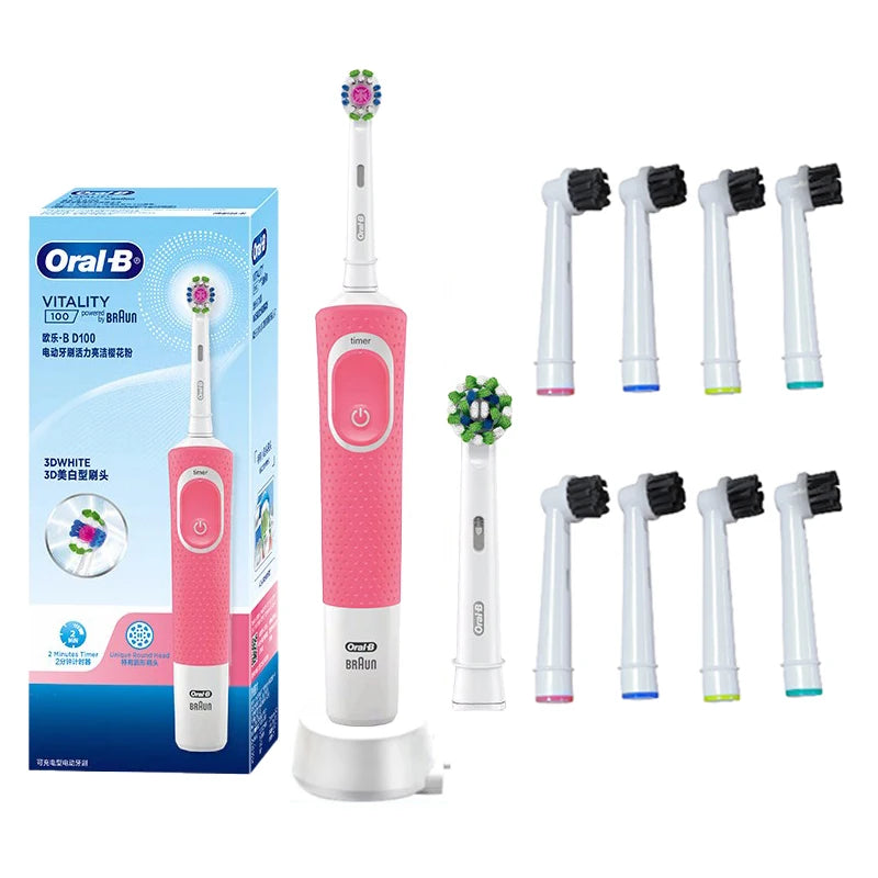 Oral-B D100 Electric Toothbrush Full Waterproof Body Anti-Slip Grip Deep Clean Comes With 8 Brush Heads For Up To 2 Years Of Use Vue China Mainland Pink 8 brush heads