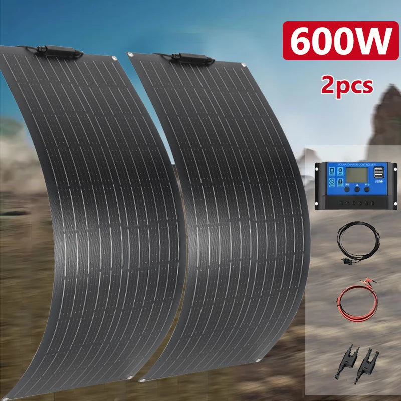 600W 300W Flexible Solar Panel Kit 18V Monocrystalline Solar Cell Outdoor Power Charger for Camping Yacht Motorhome RV Car Boat Vue