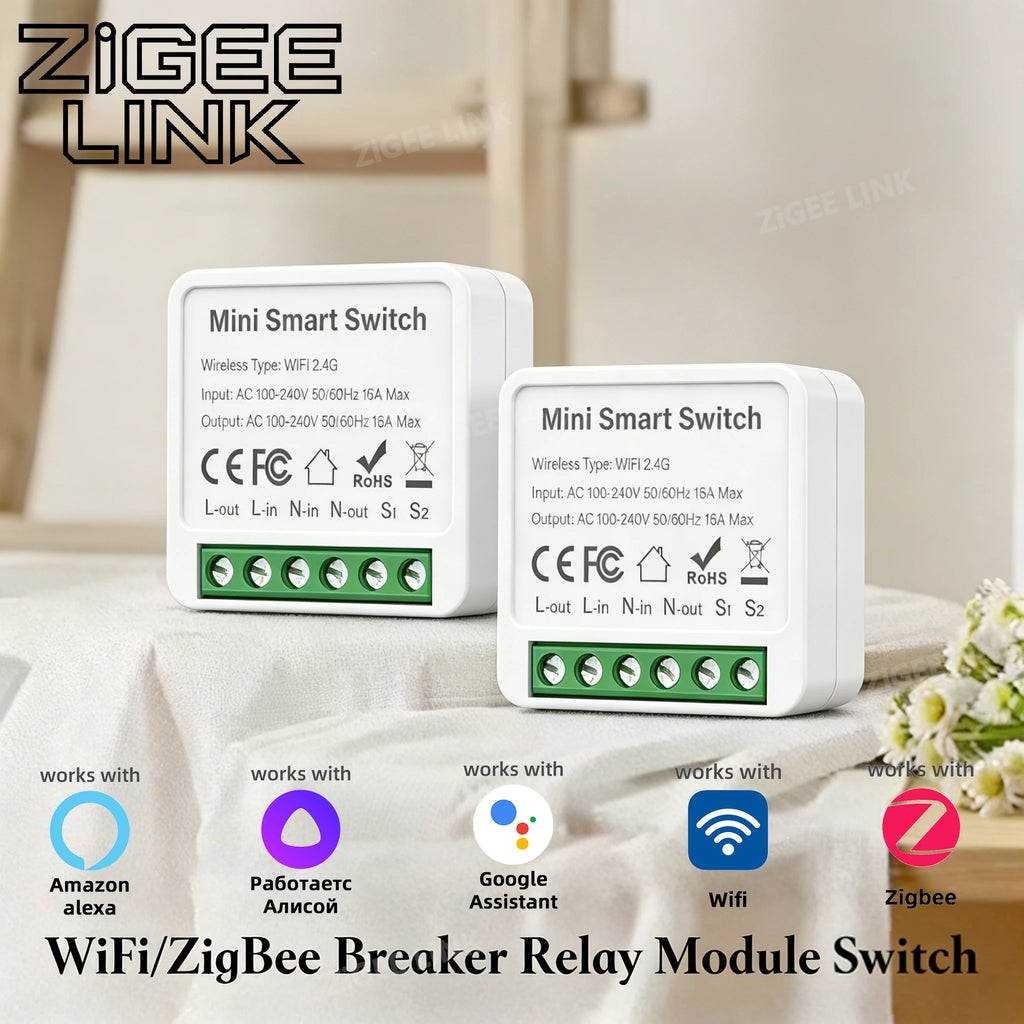 WIFI/ZigBee Smart Mini Smart Light Switch 2 Way Control Breaker Relay 16A Smart Life APP Voice Control For Tuya Alexa Google Vue