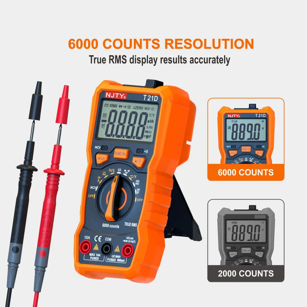 NJTY T21D Digital Multimeter 6000 Counts Voltmeter AUTO Current Resistance Temperature Diode Multi Tester with Backlight Screen Vue