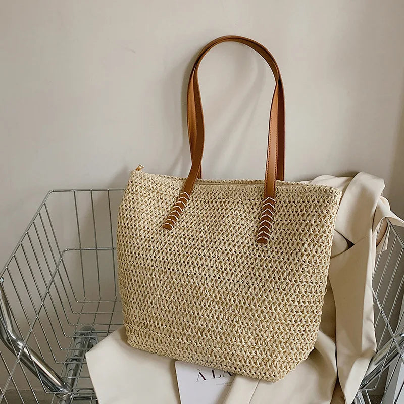 Square Bucket Straw Beach Bag Handmade Woven Shoulder Raffia Rattan Vue beige 28x14x34cm