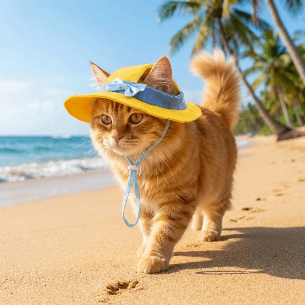 Adjustable Straps Cat Fisherman Hat Breathable Comfortable Pet Sun Hat with Ear Holes UV Protection Summer Pet Hat for Summer Vue