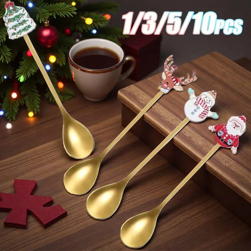 1-10PC Christmas Stainless Steel Cutlery Coffee Stirring Spoon Santa Claus Dessert Spoon Kitchen Utensils Holiday Gift Tableware Vue