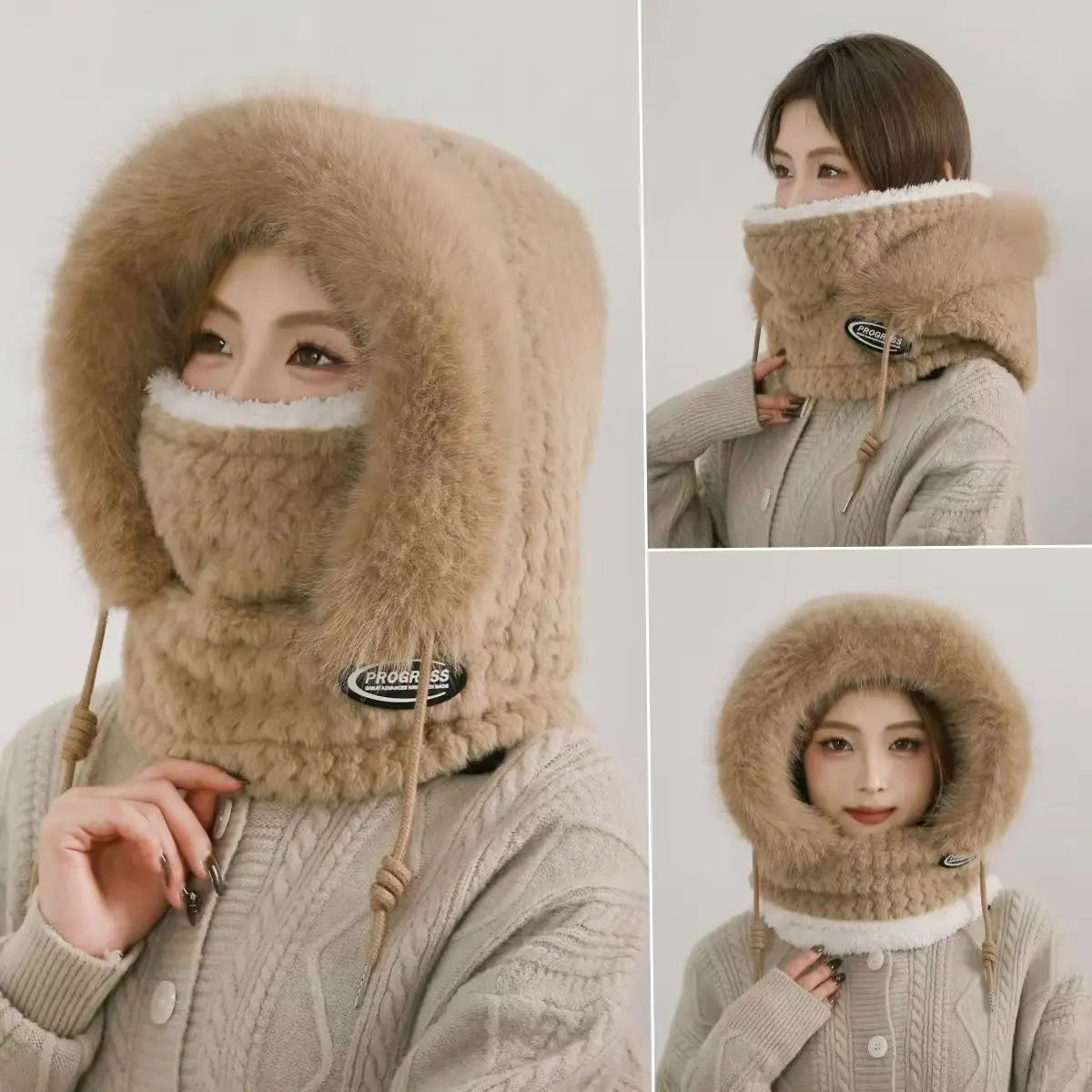 Warm Plush Winter Hat for Women Thick Hood Ear Protection Scarf and Mask Integrated Design Windproof for Riding Outdoor Travel Vue