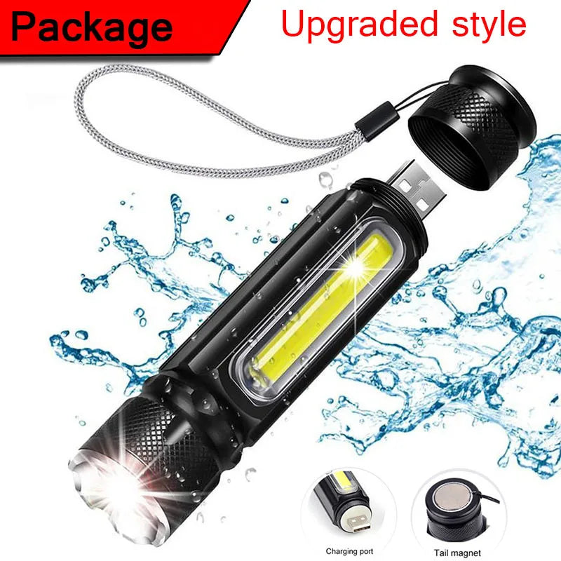 USB T6 Strong Light LED Rechargeable Flashlight Magnetic Torch Lanter Zoomable Flashlight COB Zoom Highlight Outdoor Lighting Vue SD-T06 Black A