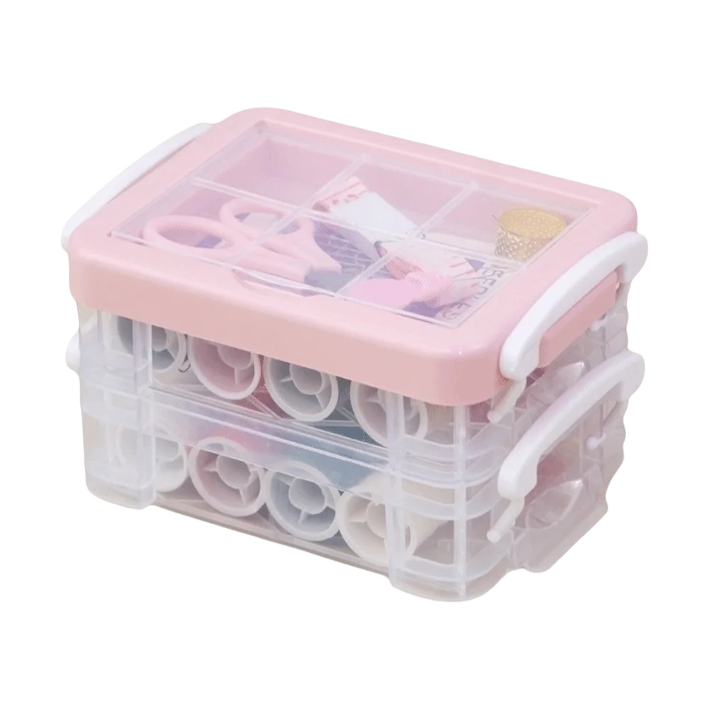 18pcs Craft Spools DIY Sewing Tool Kit Portable Three-Layer Needlework Box Large Capacity Sewing Kit Box Cross Stitching Vue Pink