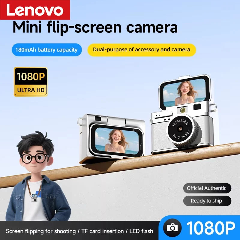 Lenovo Retro Mini Camera 1080P CCD with Flip Screen Neck Strap Design Portable Sports Camera for Outdoor Travel Vlogging Vue
