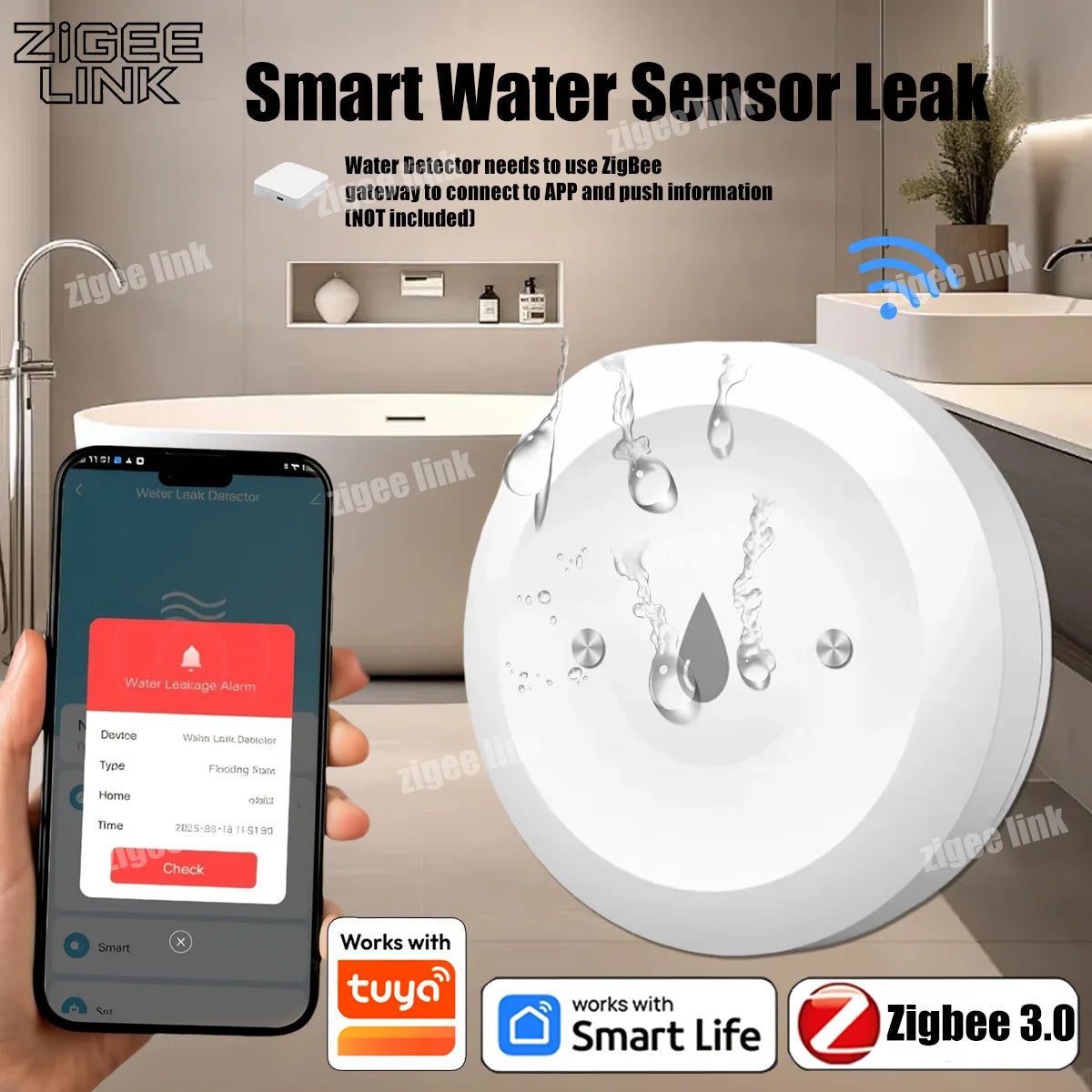 Smart Water Leak Sensor For Tuya ZigBee 3.0 Flood Leakage Sensor Alarm APP Remote Monitoring Flood Overflow for Kitchen Bathroom Vue Default Title