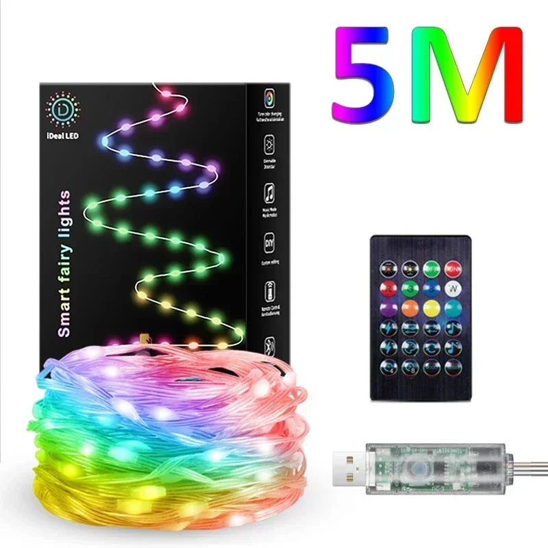 USB Smart LED String Lights RGB IC Fairy Lights Bluetooth App Control Customizable Colors Perfect for Christmas Tree Decorations Vue 5M No plug