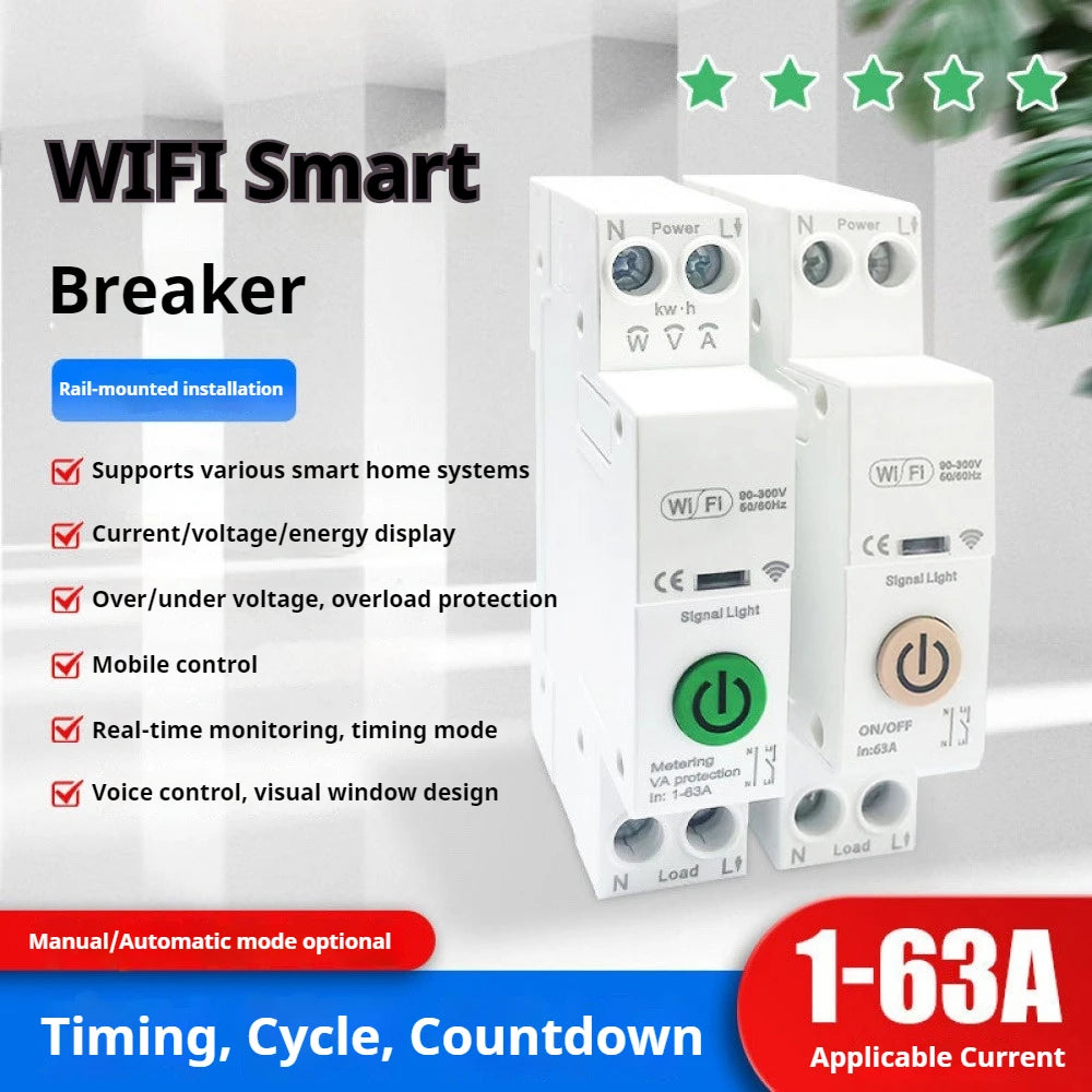 Tuya WiFi Smart Switch Circuit Breaker Metering 1P 63A DIN Rail Power Metering Energy Monitor Remote Control Switch Smart Home Vue Type3