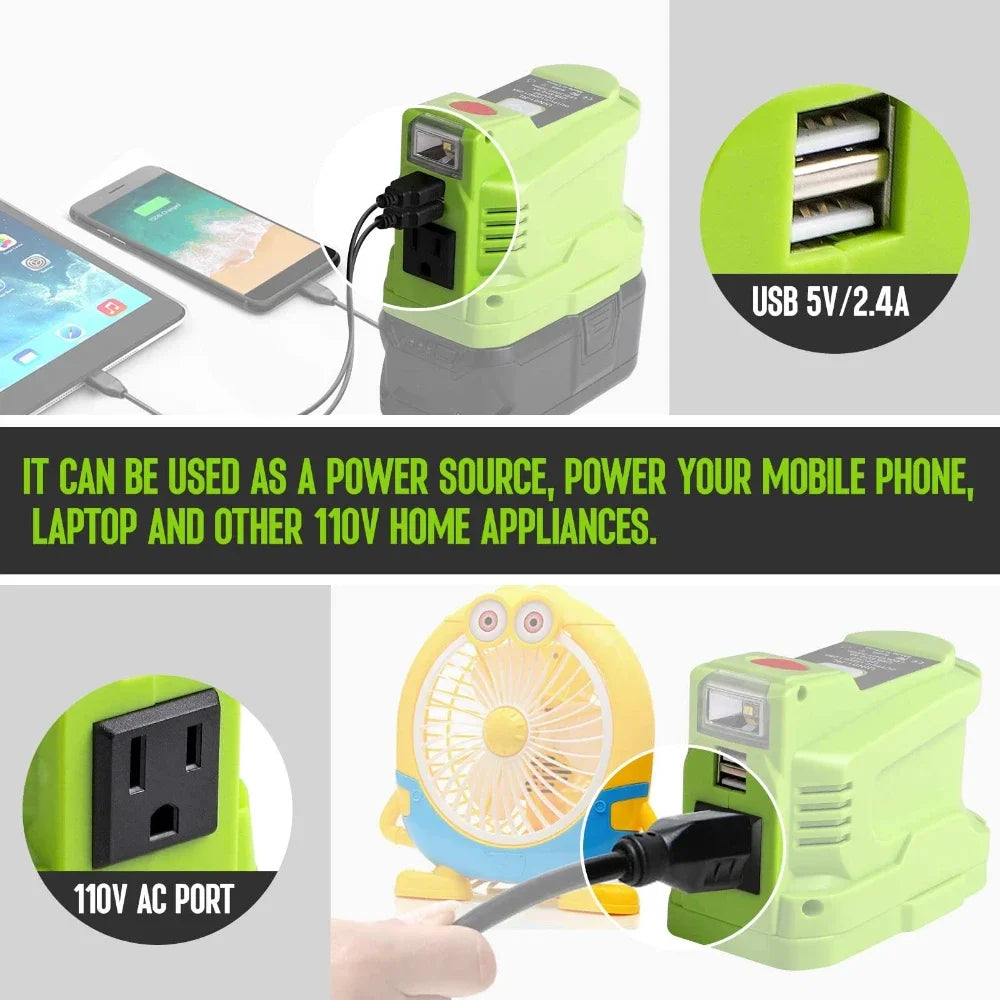 For Makita/Dewalt/Milwaukee/Ryobi 18V 110~120V with AC Outlet LED Light 150W Power Supply Inverter Dual USB Portable Inverters Vue