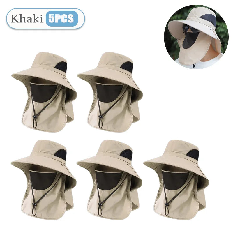 Men‘s Outdoor Fishing Sun Hat with Mosquito Net Face Veil Neck Flap Summer UV Protection Wide Brim Fisherman Cap Vue Khaki-5PCS