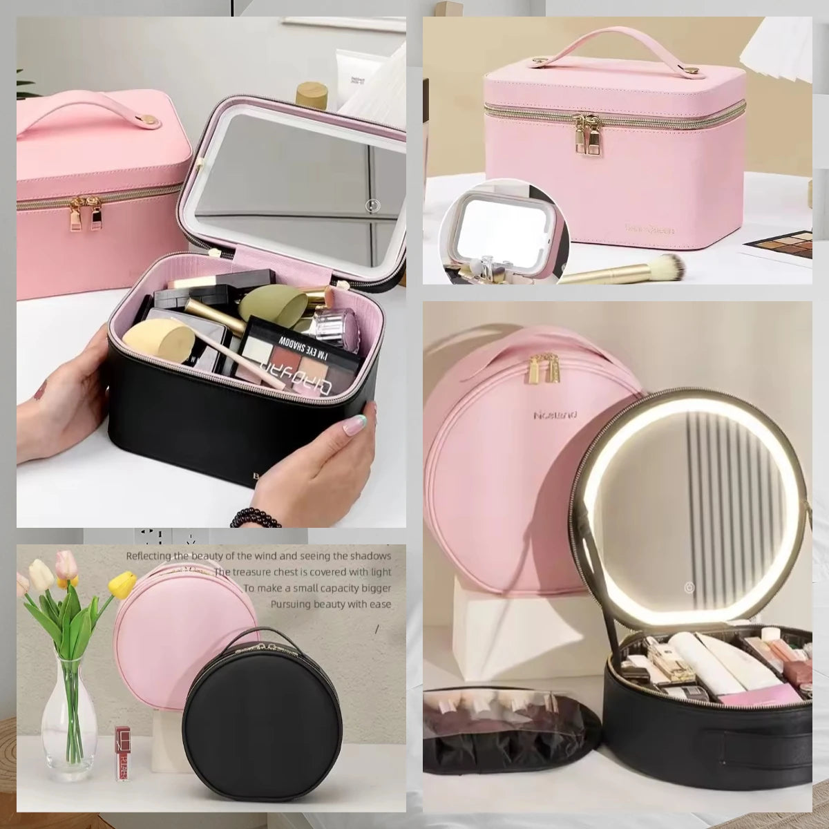 Travel PU Makeup Bag With Led Mirror Portable Cosmetic Case With Mirror And Light Travel Rechargeable Makeup Bag With Led Light Vue