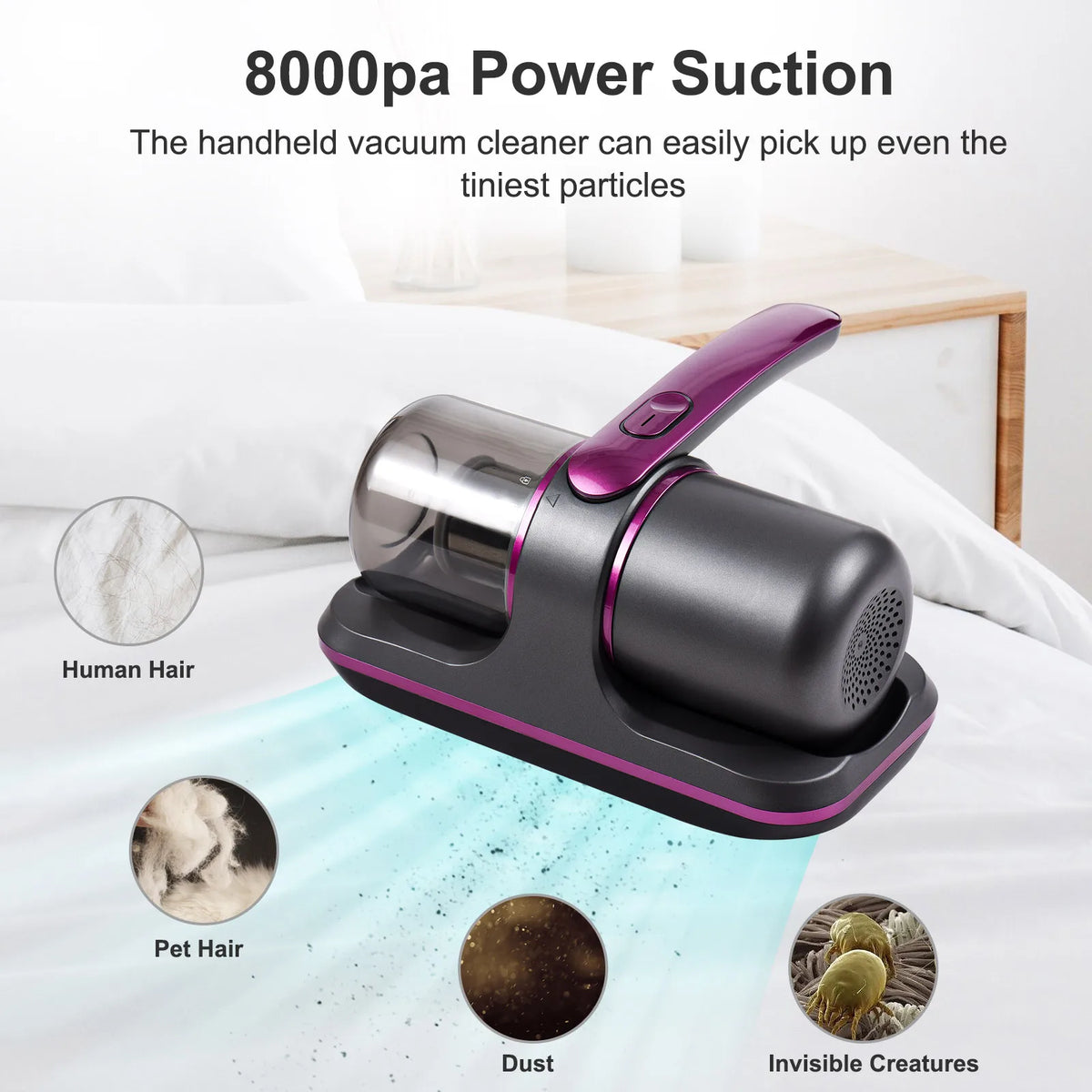 Compact Mattress Vacuum Cleaner 100W Handheld Cordless UV Bed Vacuum Cleaner 8000Pa Strong Suction 2 Speeds Adjustable for Clean Vue