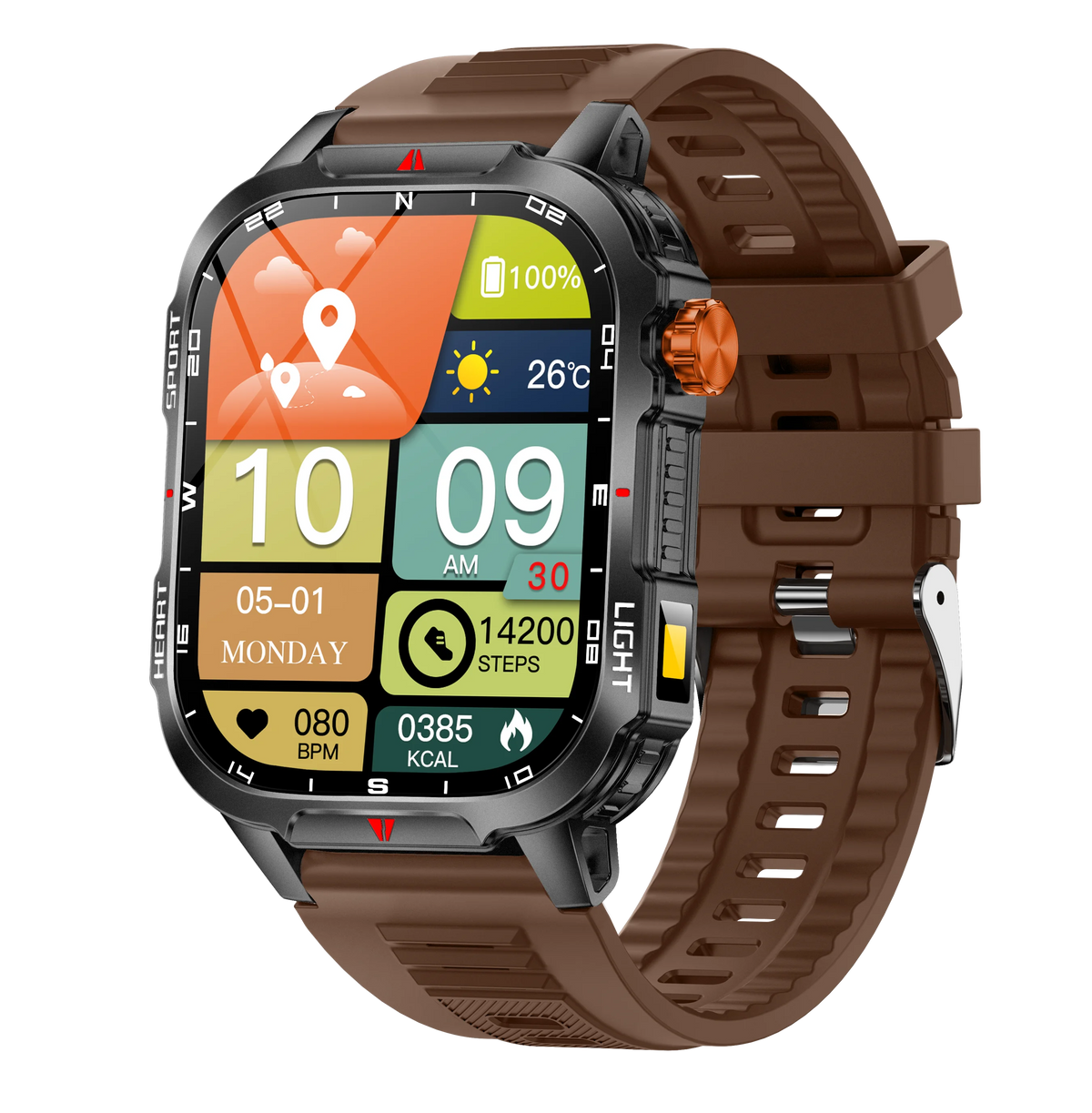2025 New Smart Watch Voice Assistant 2.01"HD Screen Bluetooth Call Waterproof 1100mAh Big Battery Compass Outdoor Sport Watches Vue Brown Outdoor Sport Watch