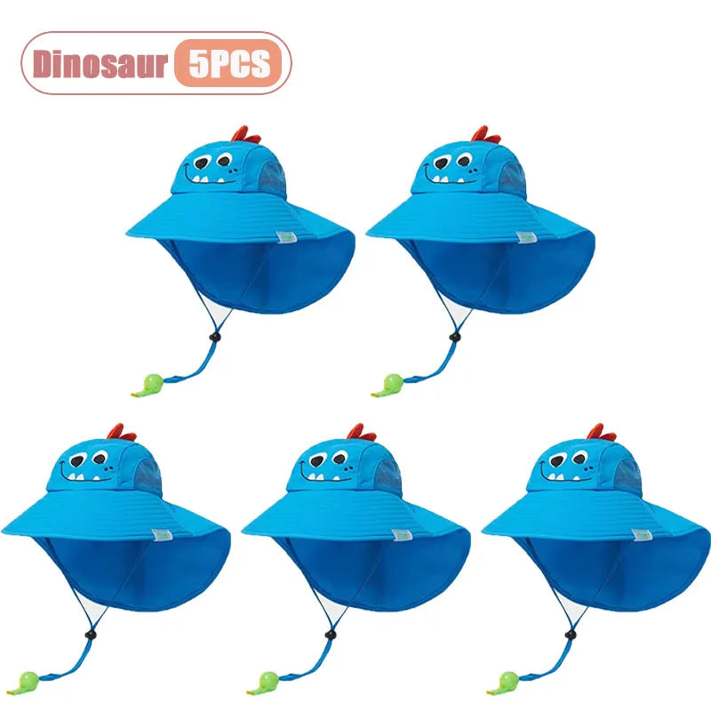 1-10PCS Kids UV Protection Sun Hat Baby Toddler Bucket Hat Wide Brim Breathable Outdoor Cap for Boys Girls Spring Summer Vue Dinosaur-5PCS