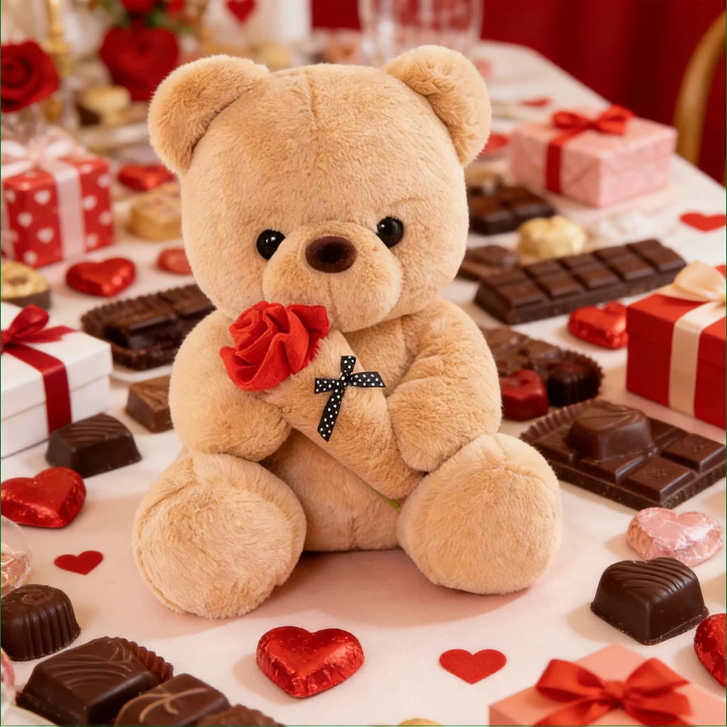 Romantic Rose Bear Stuffed Plush Toy Cartoon Valentines Day Gift for Girlfriend Birthday Anniversary Bedroom Home Decoration Vue