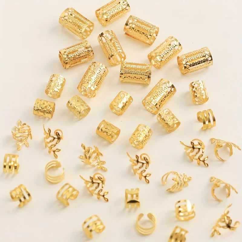 40Pc Mix Hair Braider Metal Hair Rings Beads Cuffs Tubes Charms African Hair Braids Hollow Out Dread Decoration Accessories Gold Vue