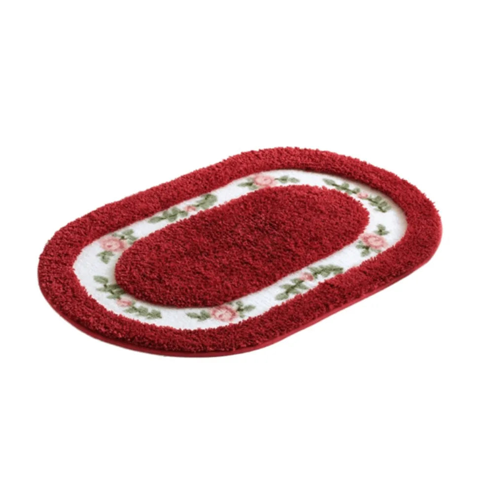 Romantic Fluffy Rose Pattern Door Mat Absorbent Nonslip Bath Mat Thickened Pastoral Style Carpet Living Room Vue Red-23.62x15.75 in
