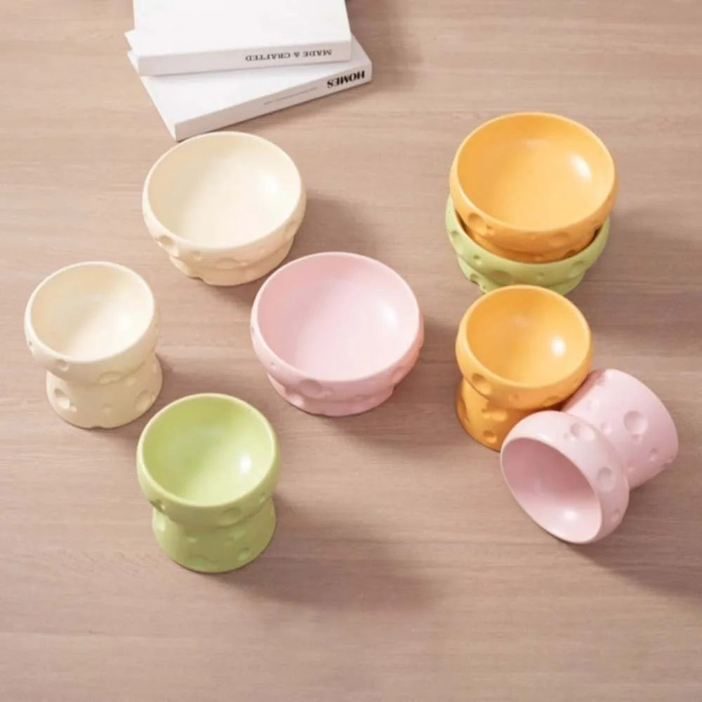 Cute Creative Large Diameter Elevated Cat Bowl Anti-knock Cheese Shape High Foot Bowl Anti-spill Ceramic Water Bowl Indoor Use Vue