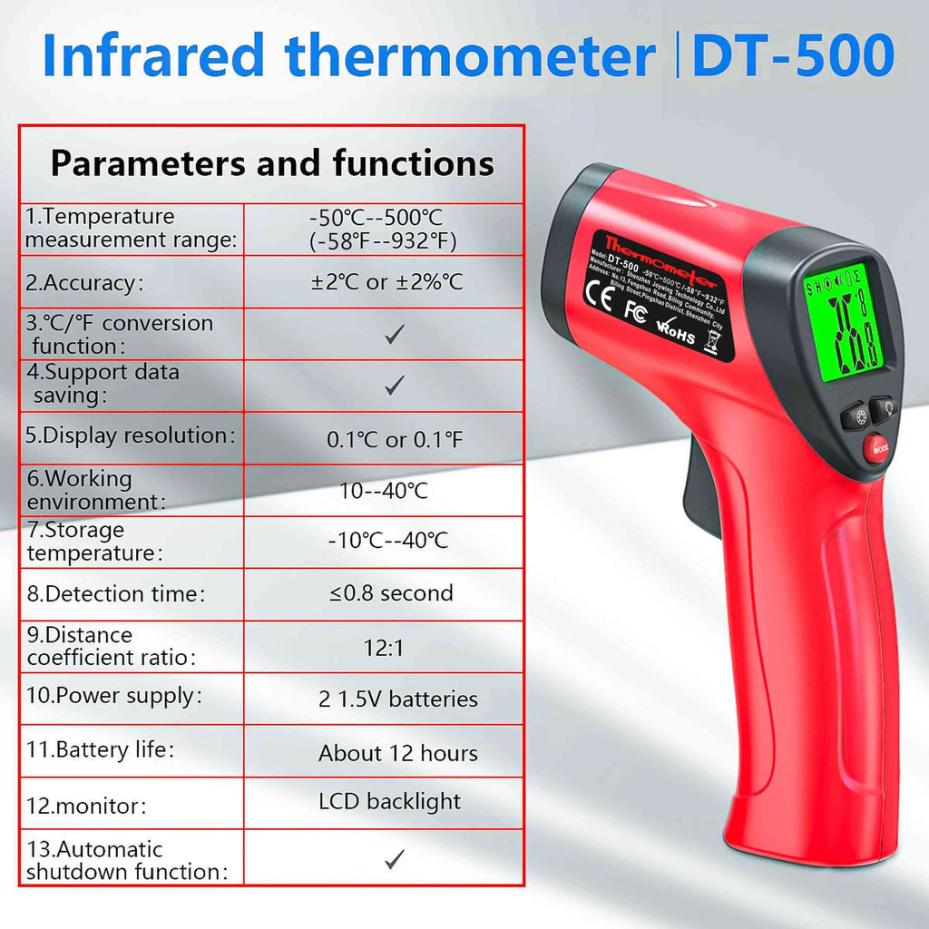 DT500 Infrared Thermometer Gun -50~550°C Non-contact Laser with 12:1 D:S, Adjustable Emissivity & LCD Backlit and Laser Aiming Vue