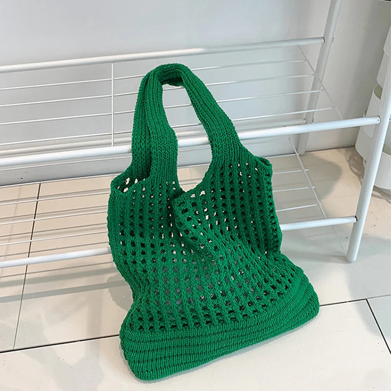 Vintage Hollow Design Woven Women Shoulder Bag Knitting Large Vue green