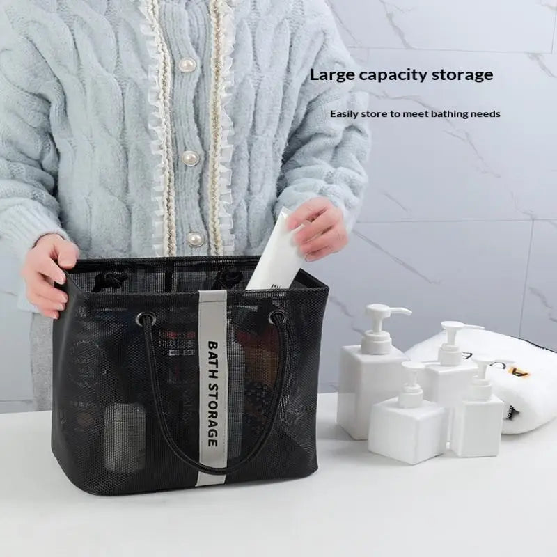 Collapsible Mesh Drain Basket 2in1 Large Portable Handle Organizer For Swimming Bathroom Toiletry Storage Vue