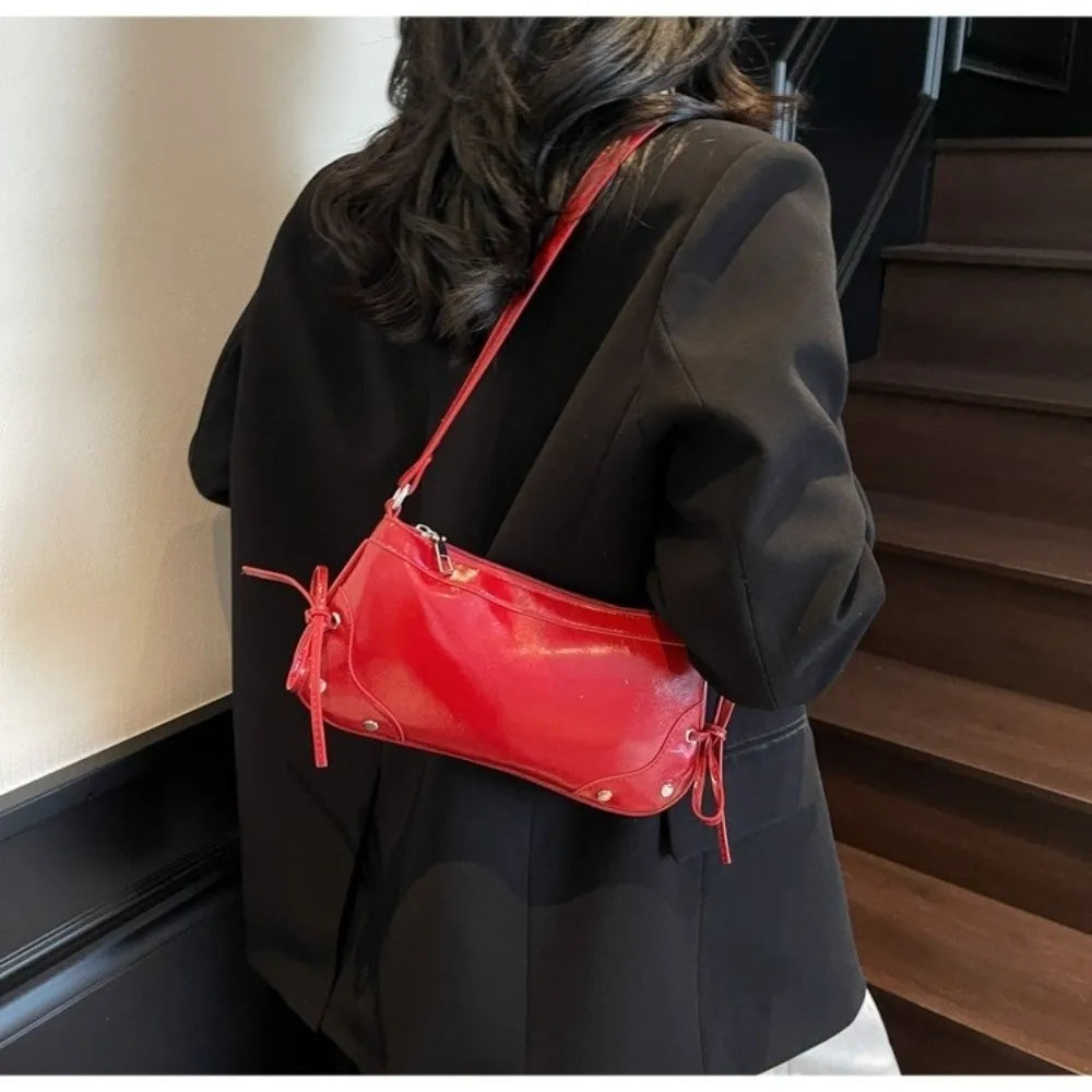 PU Leather Shoulder Bag Solid Bow Tie Decor Armpit Y2K Handbag Women