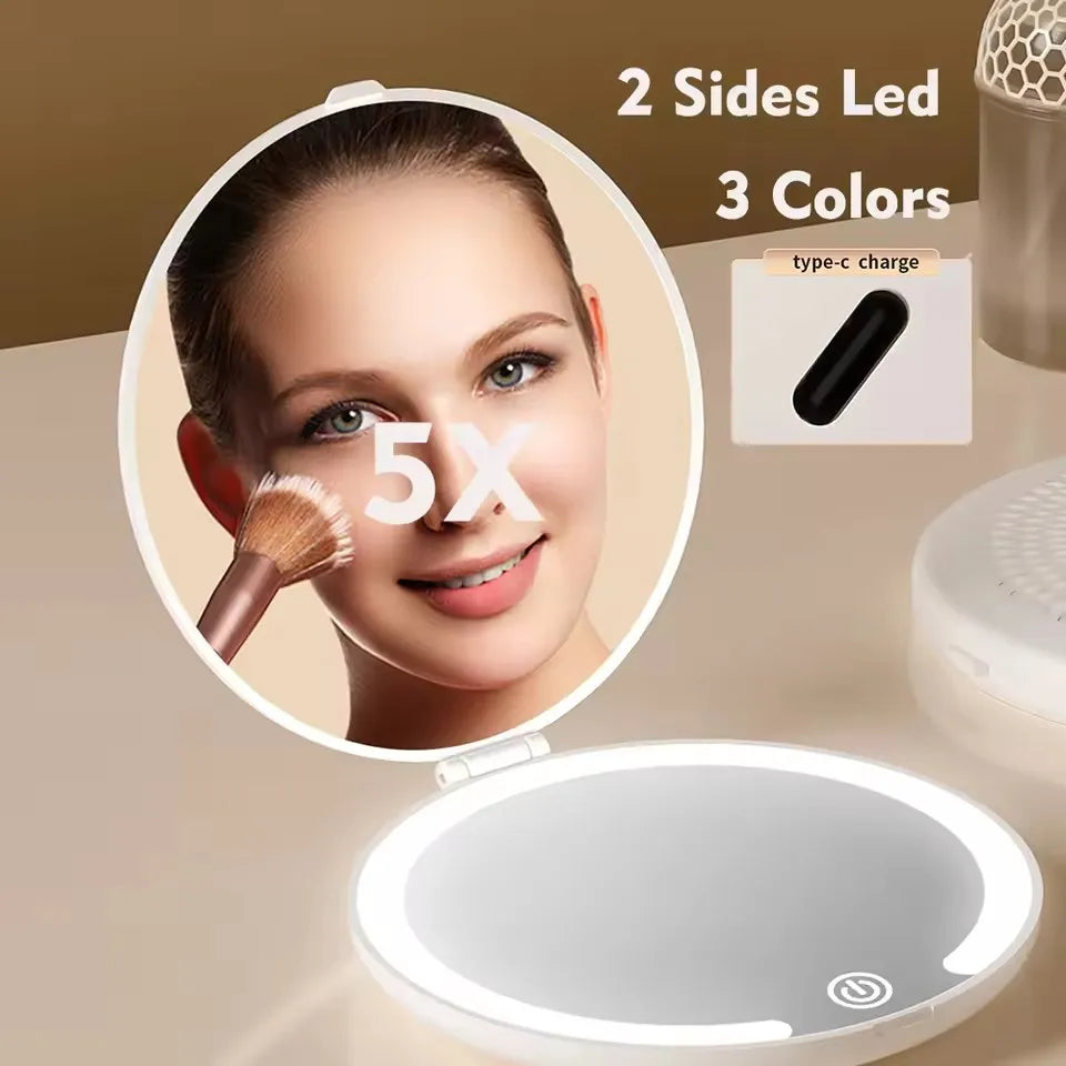 LED Light Cosmetic 2 Side Folding Makeup Compact Pocket Mirror Women Luminous Effect Pink White Mini Mirror Beauty Products Vue