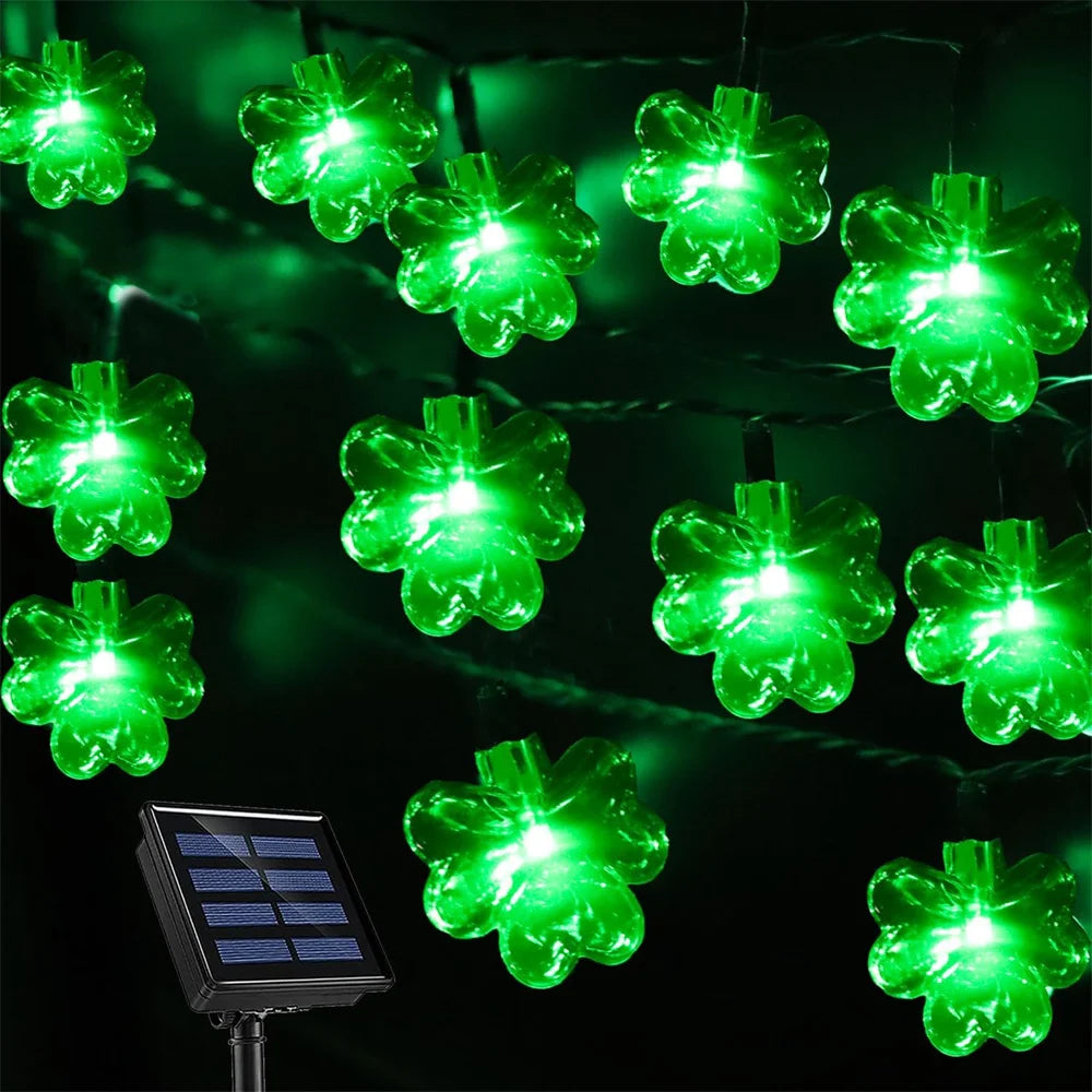 Solar St Patricks Day Decorations Shamrock String Lights 22M 200Led Lucky Clover Green Lights Outdoor Waterproof 8 Mode Light Vue warm white 5M 20LED