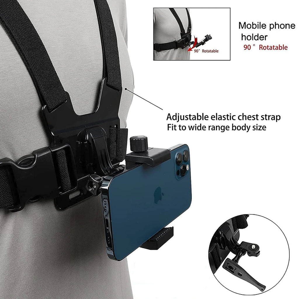 Chest Strap With 360 Rotation Phone Mount Belt For Gopro Hero 12 11 10 9 8 7 iPhone 13 14 Pro Max Insta360 X4 Action Camera Vue
