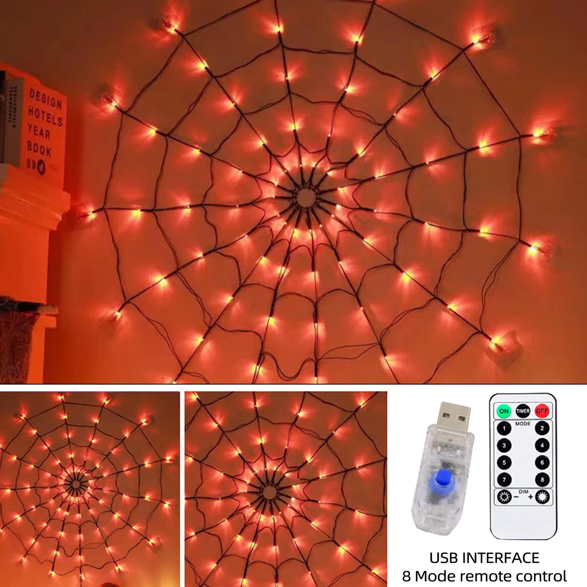 Halloween Spider Web LED String Lights, Orange Glow Spider Net Light with Black Spider for Indoor Outdoor Haunted Party Decor Vue