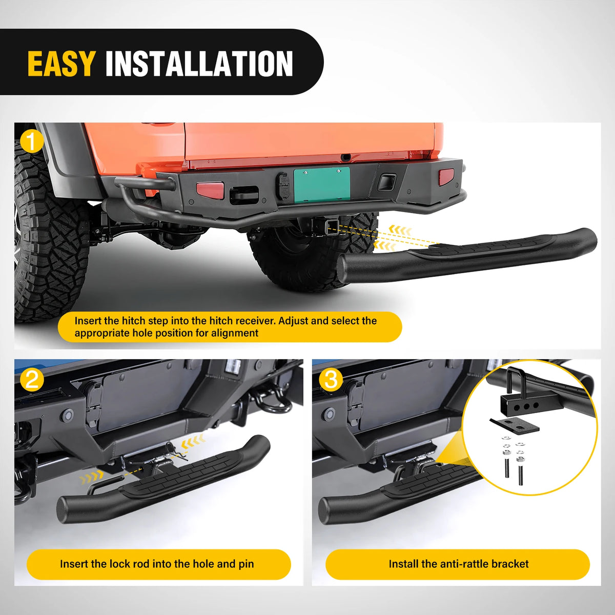 Nilight 36" Hitch Step Fits 2" Receivers 3" Round Tubing Stainless Steel with Rubber Non-Slip Pad Rear Bumper Guard with 5/8" Hitch Pin Clip & U-Bolts Stabilize for Pickup Truck Car SUV Vue