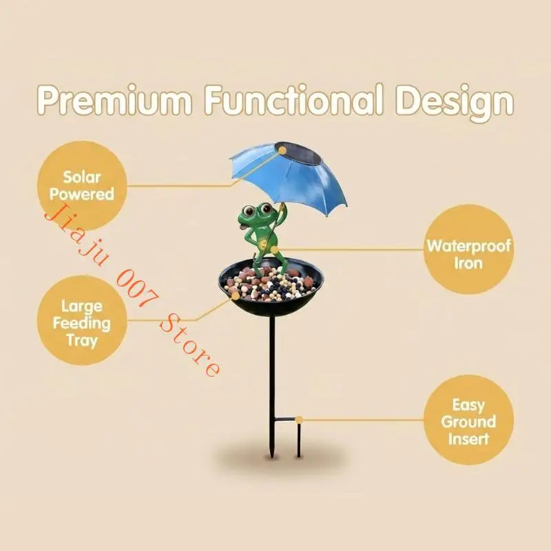 Solar Frog Bird Feeder with LED Light & Garden Ground Spike Solar Garden Ornament Vue