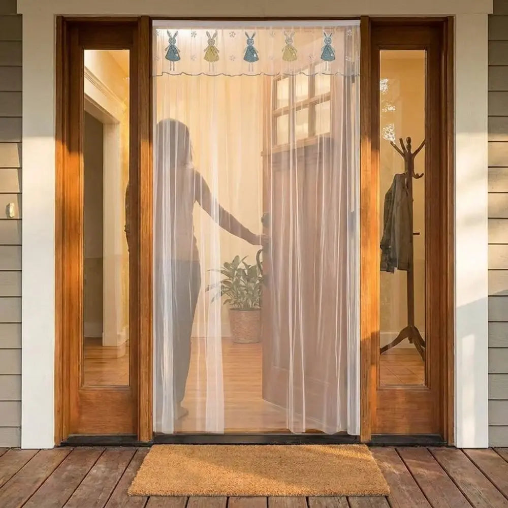 Self-adhesive Mosquito Proof Door Curtain No Punching Cute Rabbit Lace Mesh Door Curtain Breathable Ventilation Vue