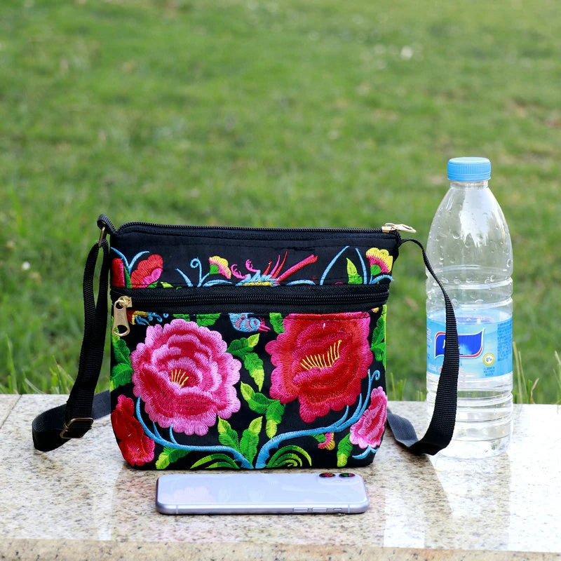 Ethnic Embroidery Bag Three Zipper Women Shoulder Crossbody Small