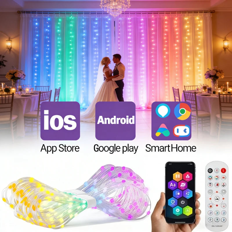 400LEDs Smart Curtain Lights, Bluetooth App RGB Fairy String Lights, DIY Music Sync LED Lights for Window Bedroom Decoration Vue