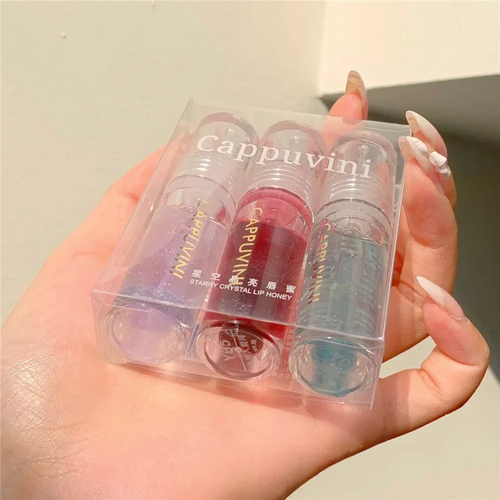 Transparent Crystal Jelly Lipgloss Shiny Clear Mirror Moisturizing Lip Balm Glitter Liquid Lipstick Lip Oil Fruit Taste Lip Tint Vue 3Pcs-B