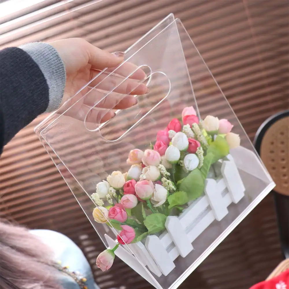 Transparent Acrylic Flower Box Reusable Hand Bag Bouquet Wrapping Bag Portable Packing Material Flower Bag Wedding Party Vue