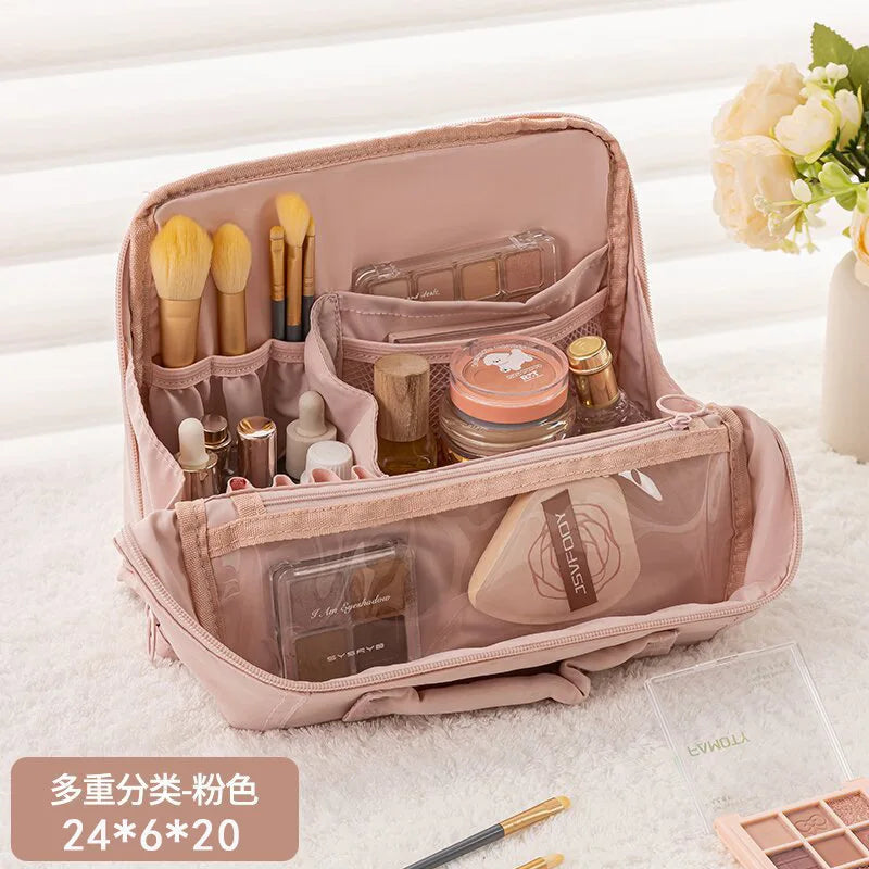 Large Capacity Standing Up Makeup Brushes Organizer Multi-compartment Comestic Tools Brushes Organizer with Dividers & Handle Vue Pink