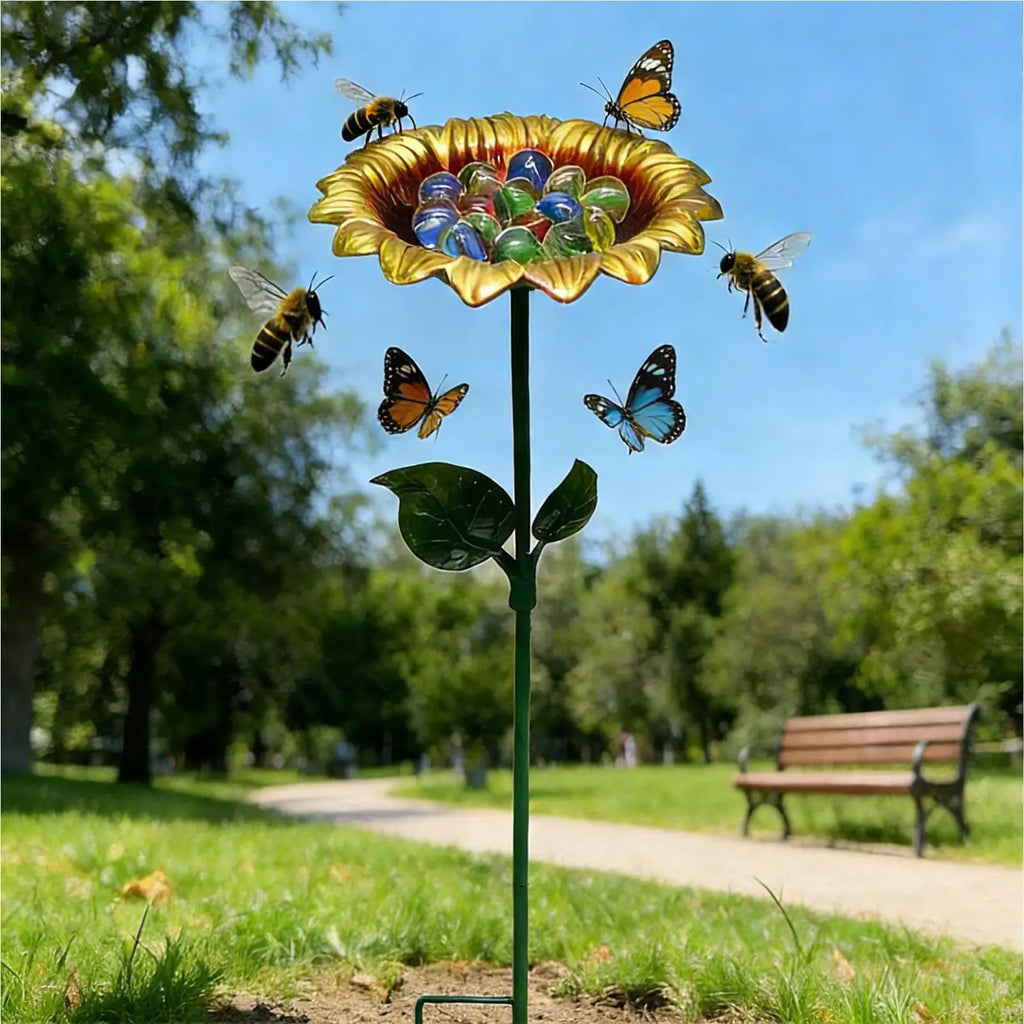 metal Outdoor Standing Bird Bath Sunflower Pattern Decorative Water Feeder Bowl Attractive Garden Decor for Hummingbird Finch Vue
